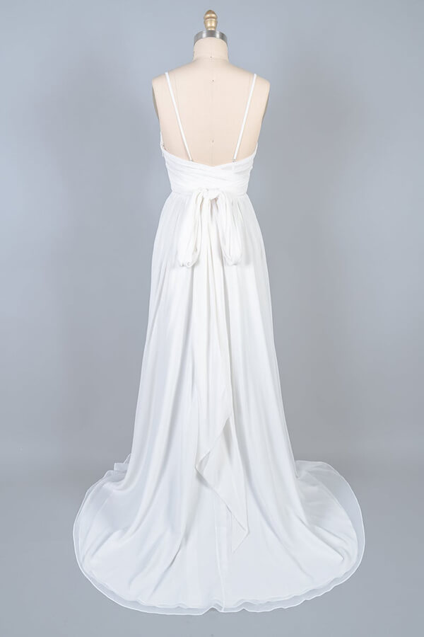 Long V-neck Front Slit Lace Chiffon Sheath Wedding Dress