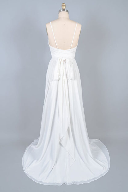 Long V-neck Front Slit Lace Chiffon Sheath Wedding Dress