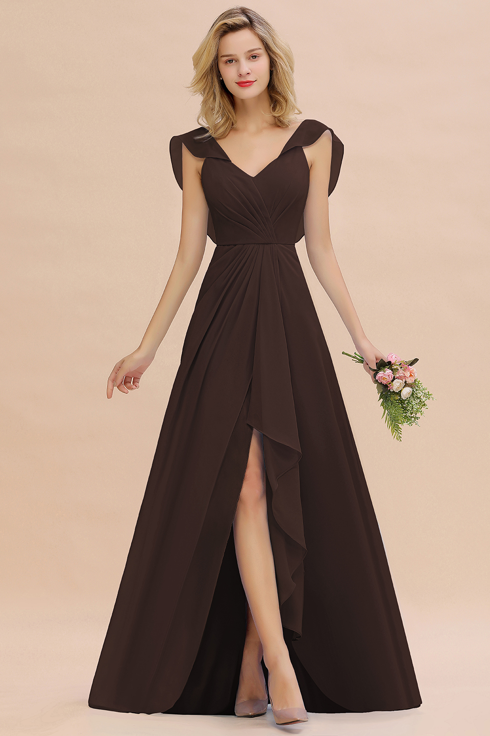 BM0777 Simple Hi-Lo V-Neck Ruffles Long Bridesmaid Dress