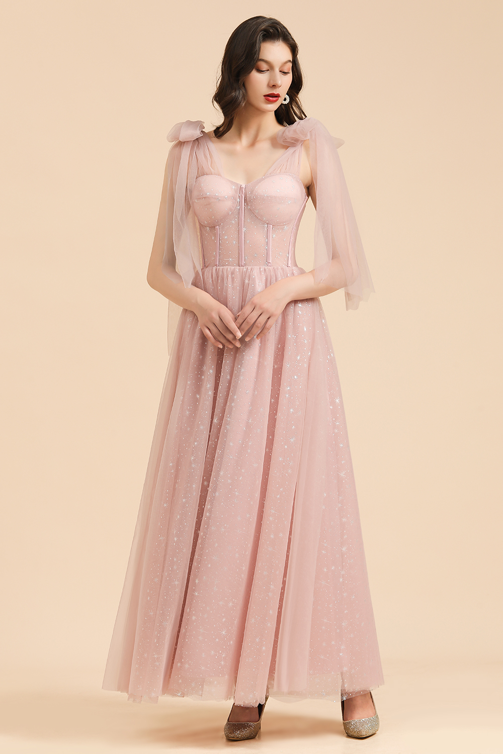 A-line Pink Off The Shoulder Bow Tulle Floor Length Bridesmaid Dress