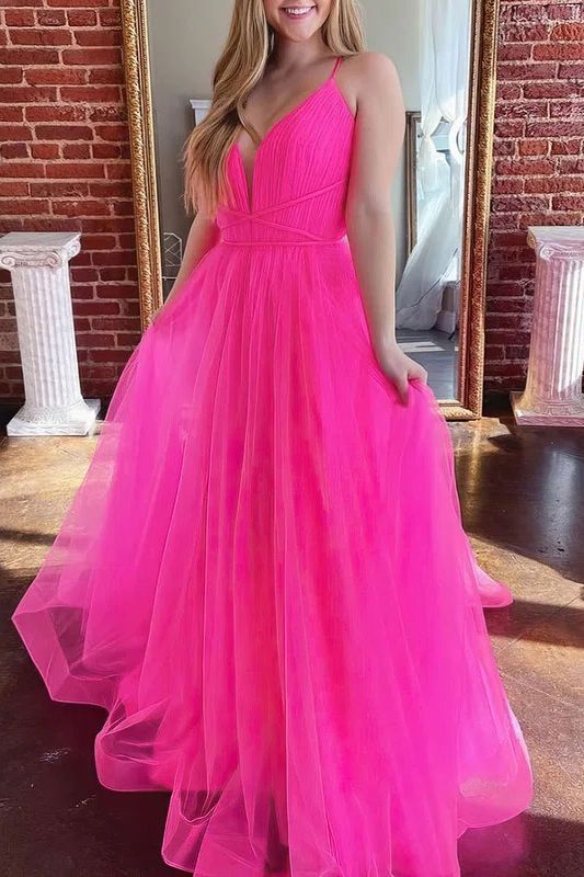 Romantic Spaghetti Straps V-neck Tulle A-Line Floor-length Prom Dress
