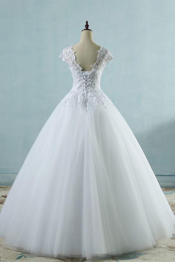 Appliques Cap Sleeve Tulle A-line Wedding Dress