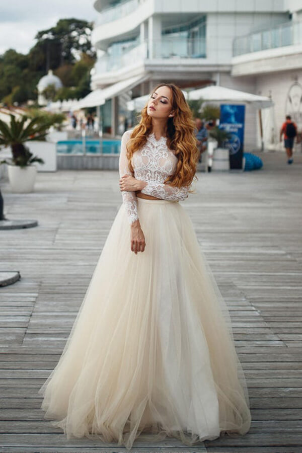 Long Sleeve A-line Lace Tulle Two Piece Wedding Dress