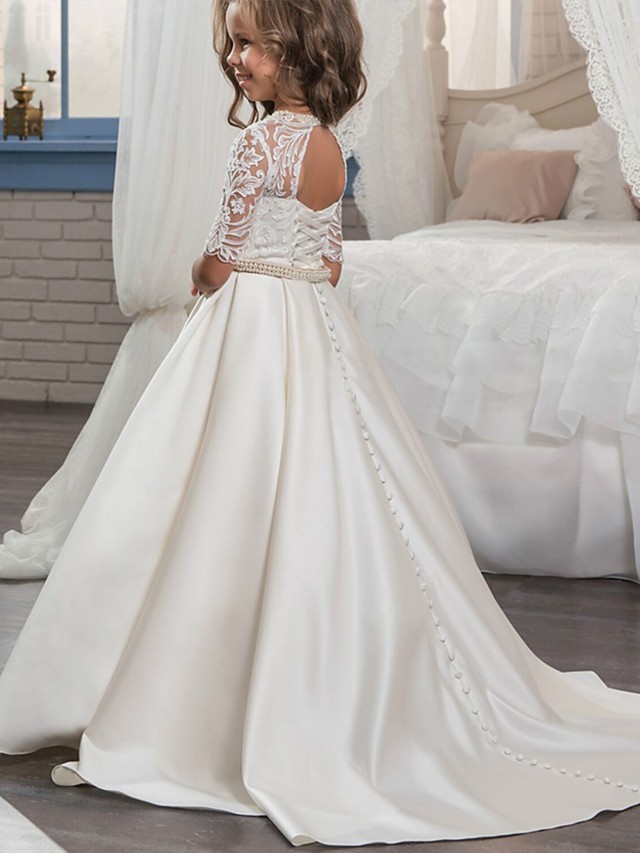 Ball Gown Sweep / Brush Train Wedding / Birthday / Pageant Flower Girl Dresses - Matte Satin Half Sleeve Jewel Neck With Embroidery / Bandage