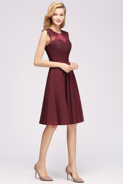 A-line Chiffon Appliques Jewel Sleeveless Knee-Length Bridesmaid Dresses with Ruffles