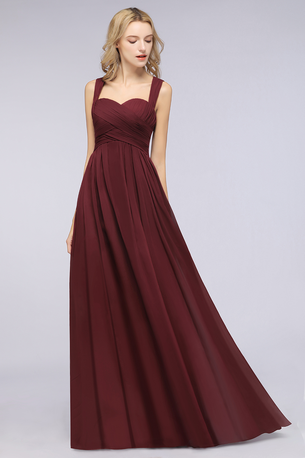 Burgundy Simple Long A-line Cap Sleeves Sweetheart Bridesmaid Dress