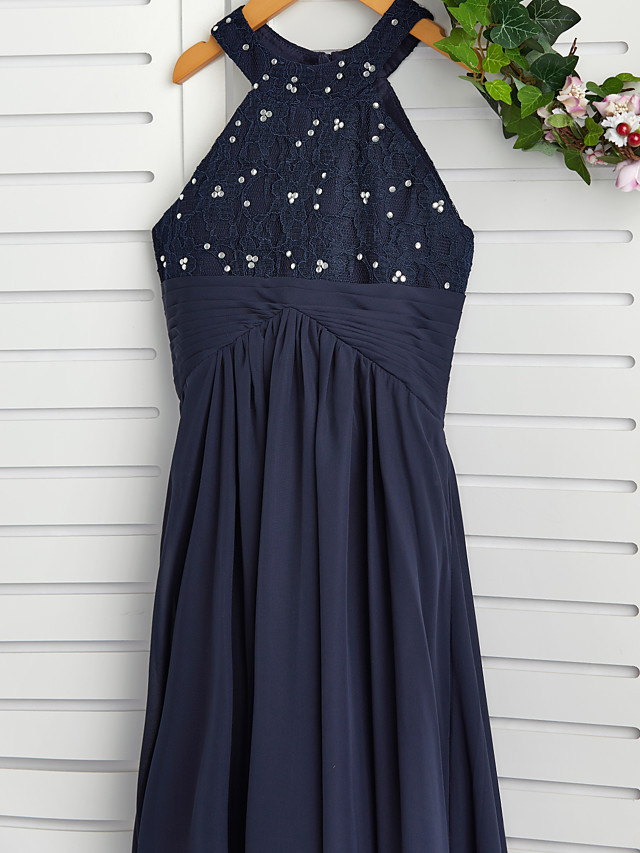 Long A-line Jewel Neck Chiffon Junior Bridesmaid Dress Dark Navy Wedding Party Dresses