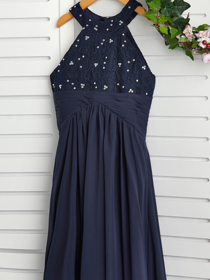 Long A-line Jewel Neck Chiffon Junior Bridesmaid Dress Dark Navy Wedding Party Dresses