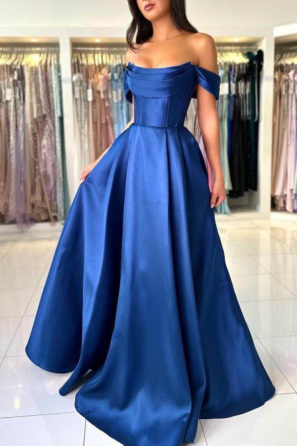 Off The Shoulder Empire Open Back Satin Blue Floor Length Prom Dress with Ruffles