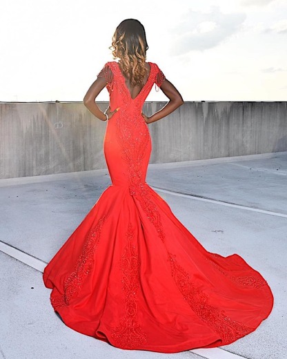 Red Long Tassel Short Sleeve Sequins Mermaid Prom Dresses