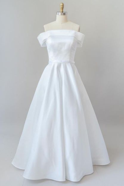 Elegant Long Off the Shoulder Satin A-line White Wedding Dress