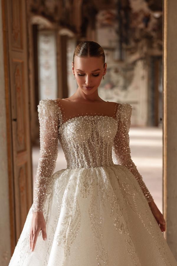 Square Neck Long Sleeve Floor Length Tulle Wedding Dress with Sequins and Beads