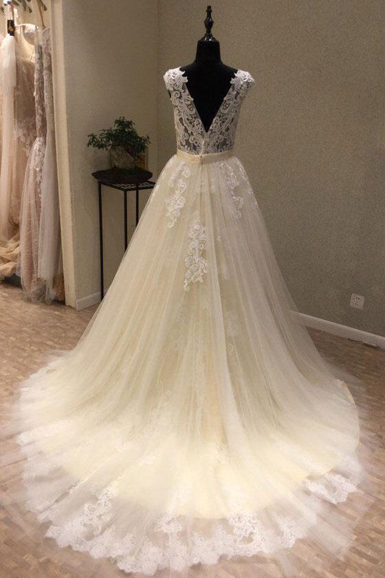 Ivory A-line Tulle Lace V Neck Long Cap Sleeve Wedding Dress