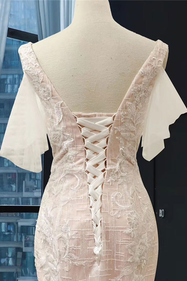 Long V-Neck Short Sleeve Appliques Mermaid Wedding Dress