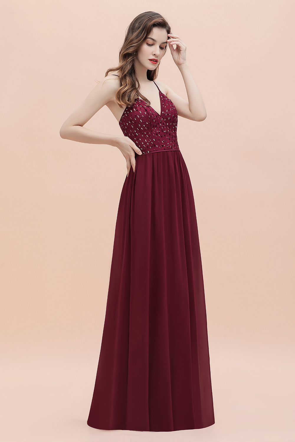 Long V-Neck Spaghetti Straps A-line Chiffon Burgundy Bridesmaid Dress