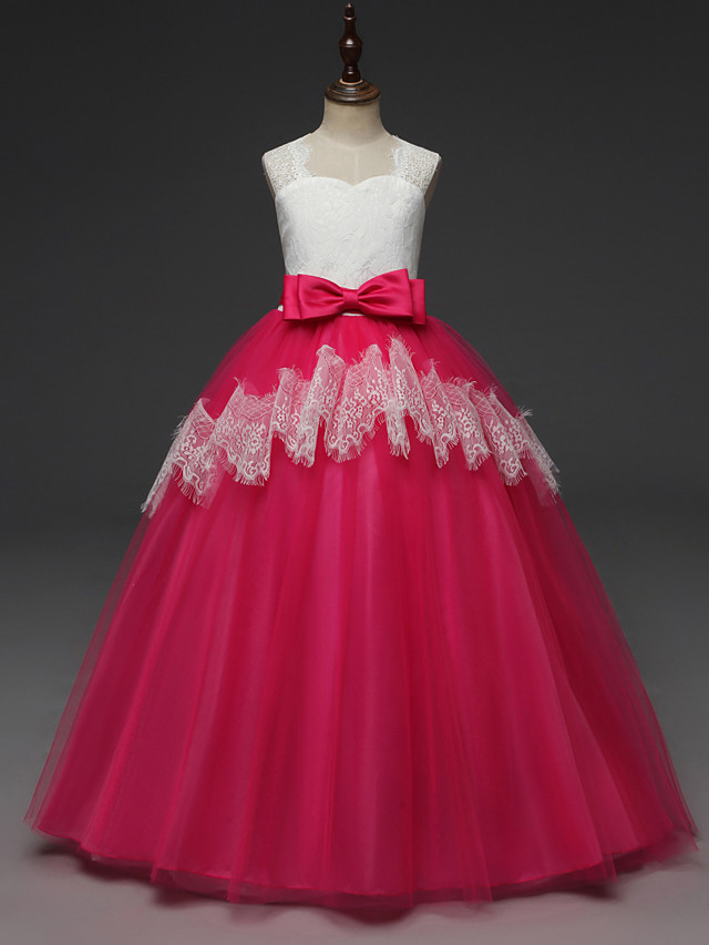 Long A-line Tulle Lace Sleeveless Flower Girl Dresses with Bow