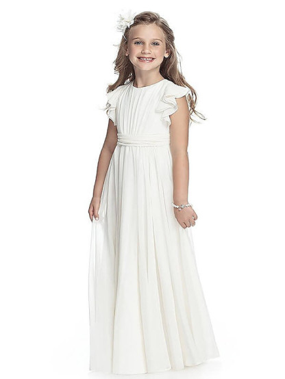 White Long A-line Chiffon Junior Bridesmaid Dress Floor Length Girl Dresses