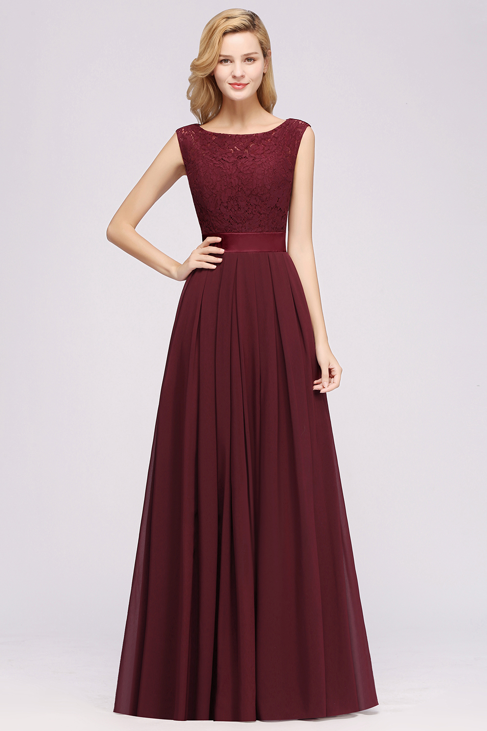 A-line Chiffon Lace Jewel Sleeveless Ruffles Floor-length Bridesmaid Dress