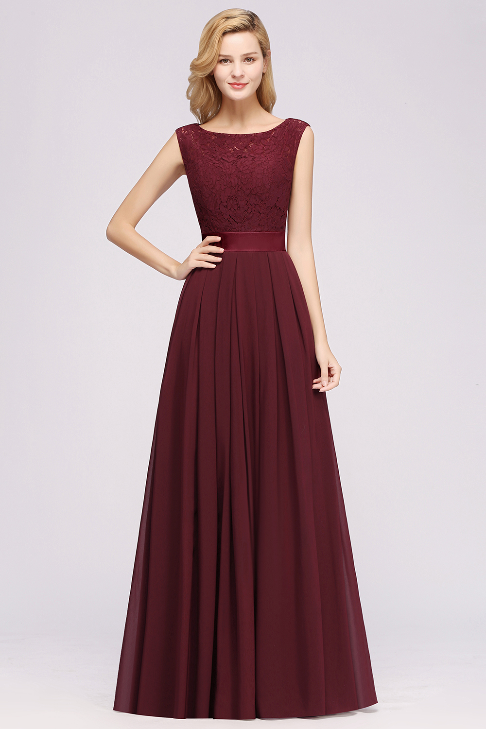 A-line Chiffon Lace Jewel Sleeveless Ruffles Floor-length Bridesmaid Dress