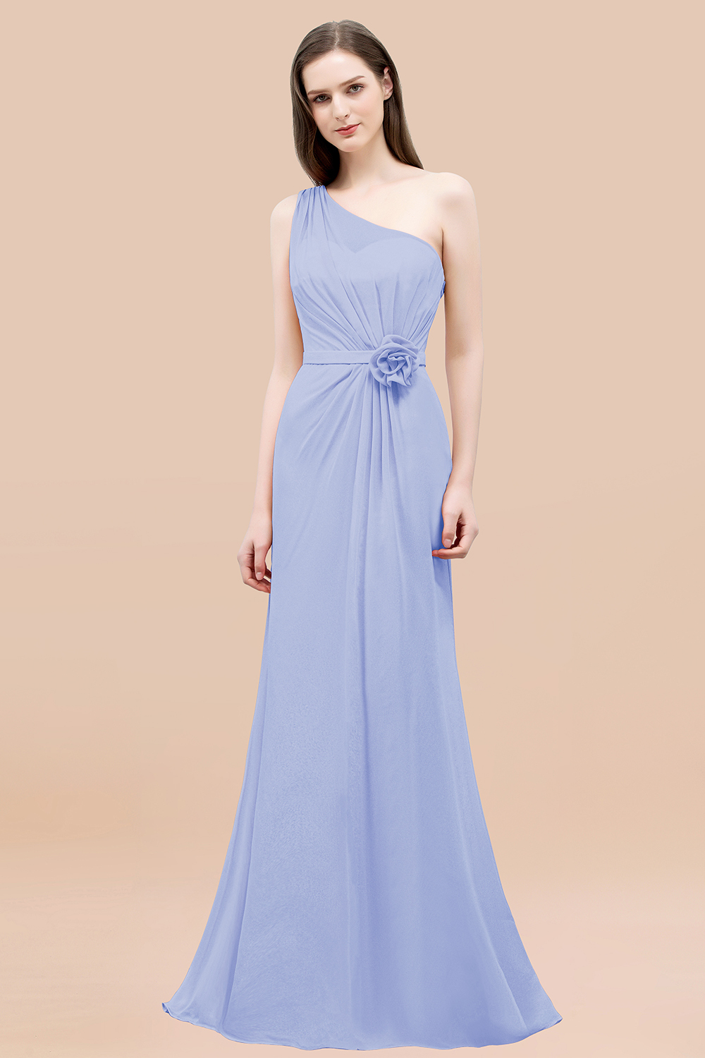 Mermaid Chiffon One-shoulder Sleeveless Ruffled Floor-Length Bridesmaid Dresses with Flower