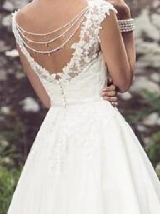 Short A-Line V Neck Tea Length Lace Tulle Wedding Dresses with Cap Sleeve