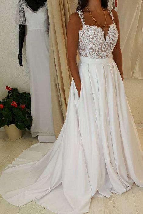Long Spaghetti Strap Lace A-line Sweetheart Beach Wedding Dress