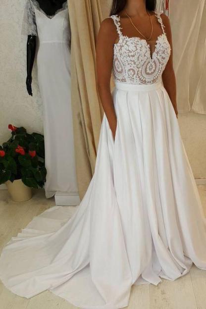 Long Spaghetti Strap Lace A-line Sweetheart Beach Wedding Dress
