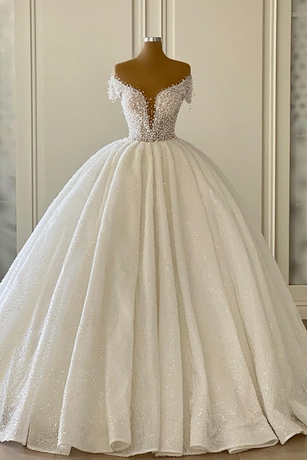 Gorgeous Long Off the Shoulder Strapless Ball Gown Wedding Dress with Ruffles