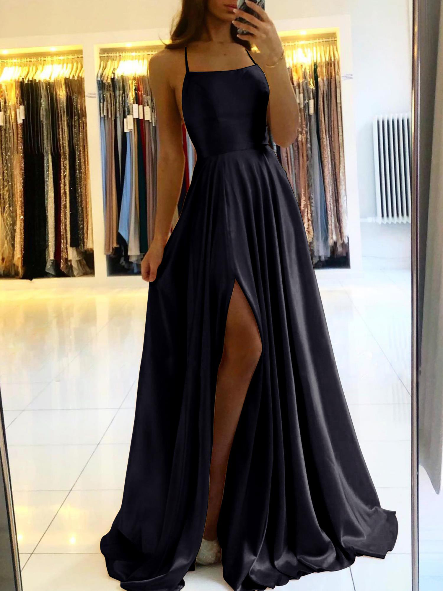 Sage A-line Spaghetti Straps Satin Open Back Long Prom Dress with Side Slit