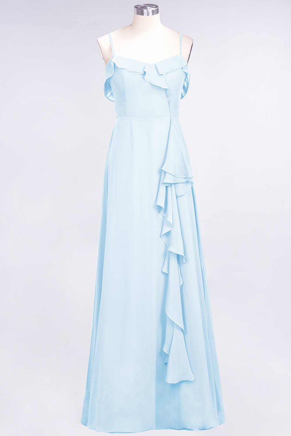 Spaghetti Straps A-Line Chiffon Backless Floor-length Prom Dress With Ruffles