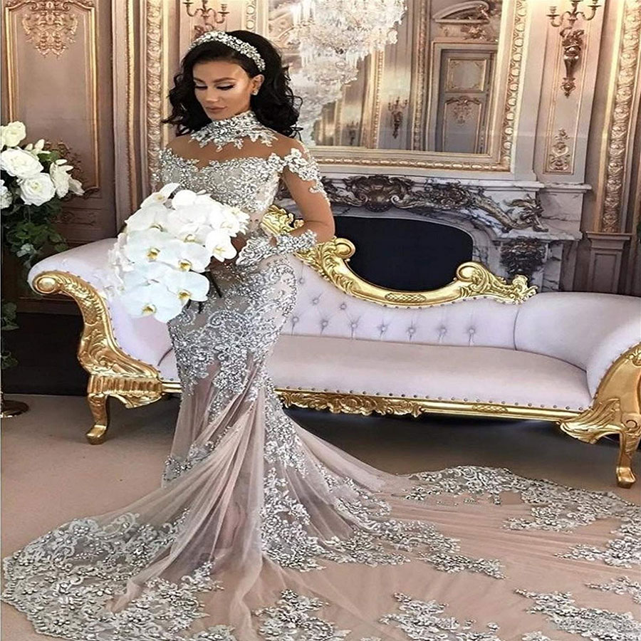 High Neck Long Sleeve Silver Lace Mermaid Luxury Long Wedding Dresses