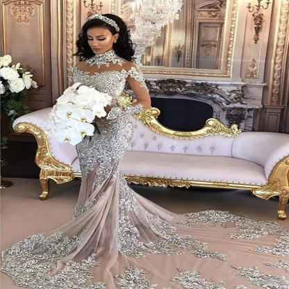 High Neck Long Sleeve Silver Lace Mermaid Luxury Long Wedding Dresses