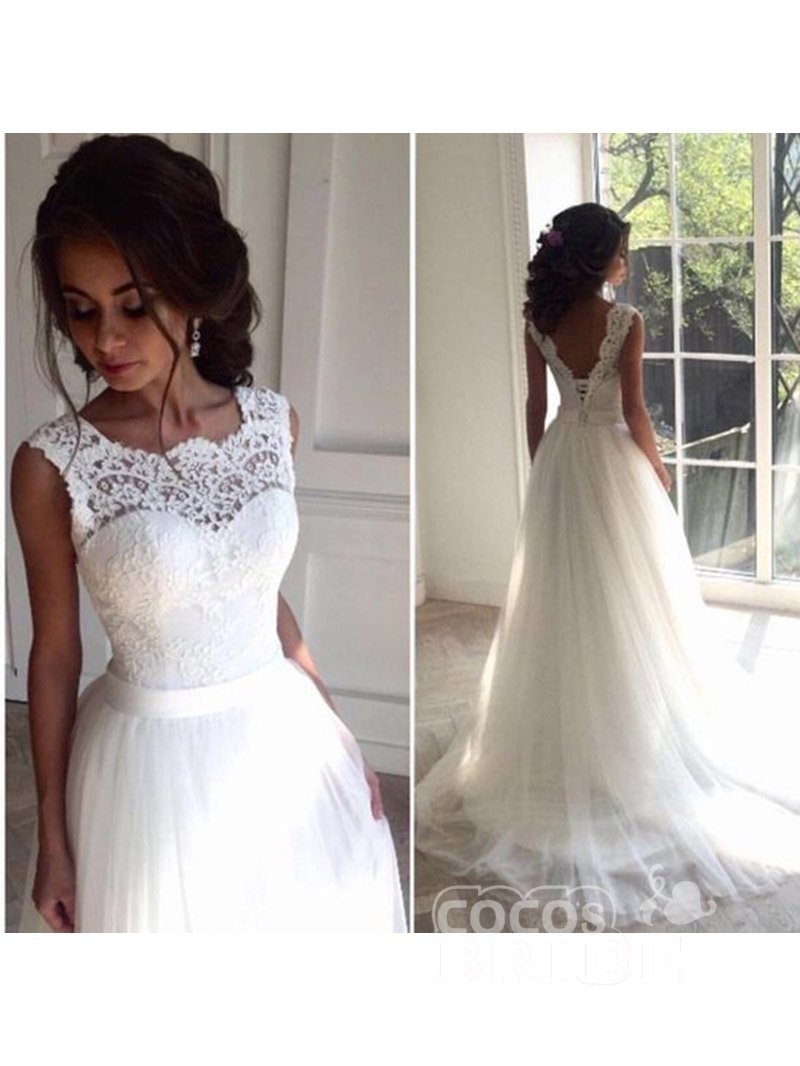 Elegant Long A-line Sweetheart Lace Tulle Boho Wedding Dresses