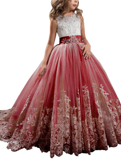 Princess Sleeveless Jewel Neck Pageant Flower Girl Dresses With Bow(S)
