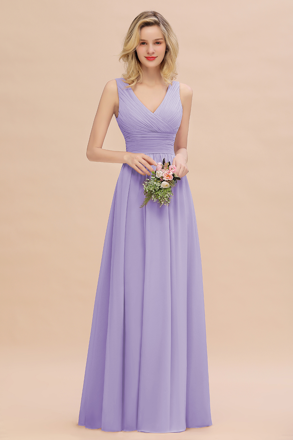 Elegant A-line V-Neck Ruffles Long Bridesmaid Dress