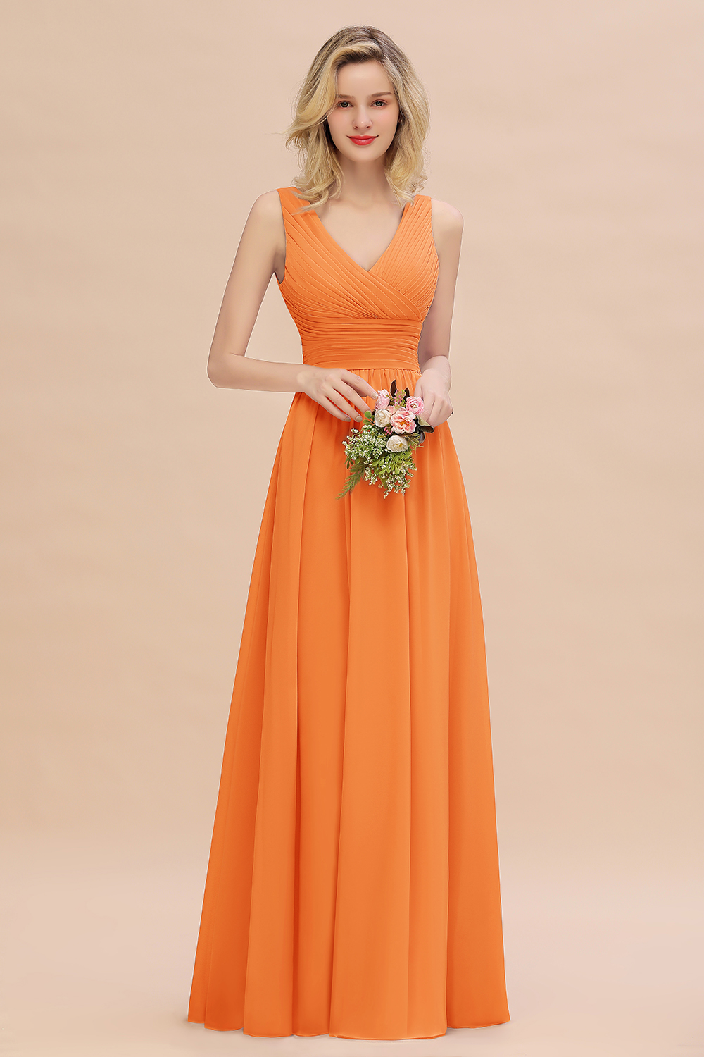 Elegant A-line V-Neck Ruffles Long Bridesmaid Dress