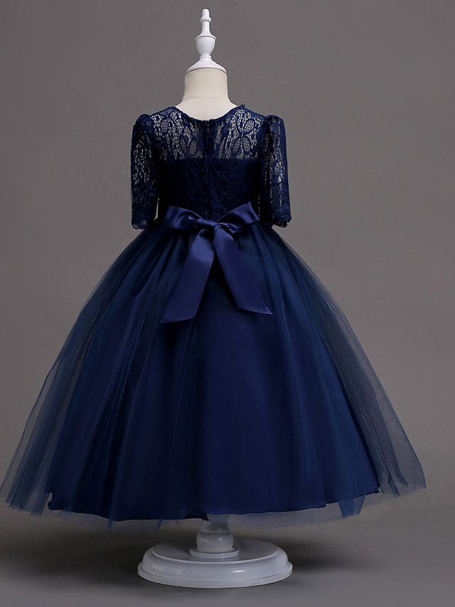 Princess Tea Length Wedding / First Communion Flower Girl Dresses - Lace / Satin / Tulle Half Sleeve Jewel Neck With Lace / Belt / Beading