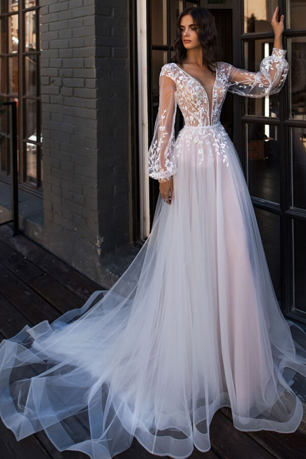 Chic Long Sleeve Tulle A-line V-neck Chapel Train Wedding Dress  COCOSBRIDE