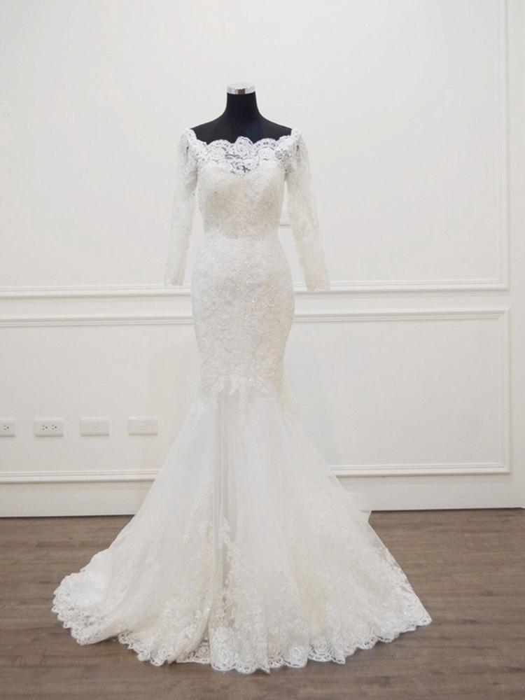 Modest Long Sleeves Sweep Train Lace Mermaid Wedding Dresses
