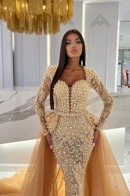 Mermaid Long Sleeves Sweetheart Tulle Prom Dress with Detachable Tail
