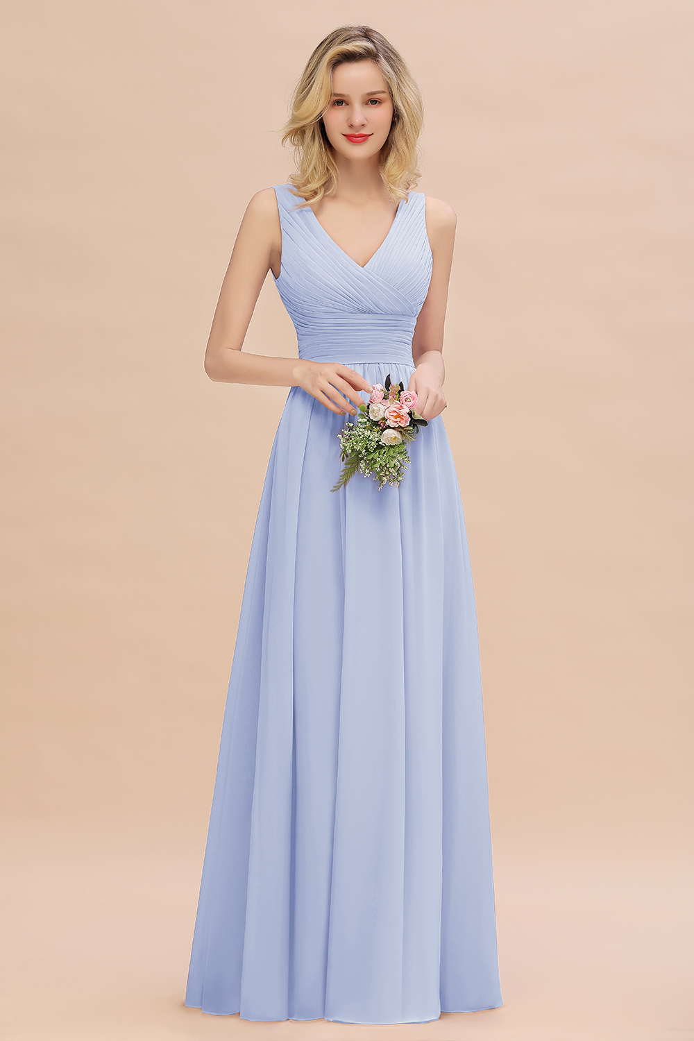 Elegant A-line V-Neck Ruffles Long Bridesmaid Dress