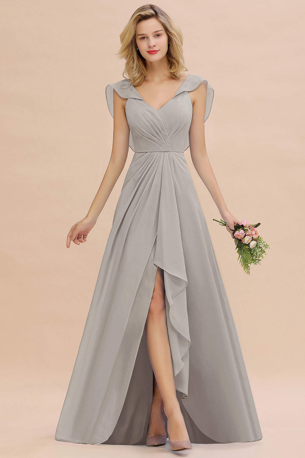 BM0777 Simple Hi-Lo V-Neck Ruffles Long Bridesmaid Dress
