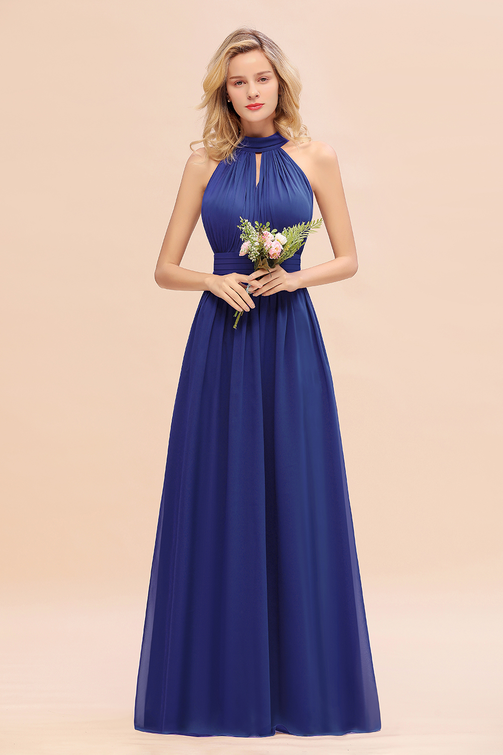 BM0758 Glamorous High-Neck Halter Bridesmaid Affordable Dresses with Ruffle