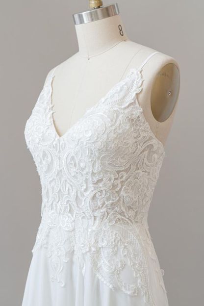Long A-line Spaghetti Strap Appliques Chiffon Backless Wedding Dress