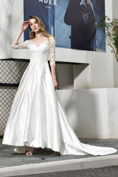 Long A-line Sweetheart Satin Lace Wedding Dresses with Half Sleeves