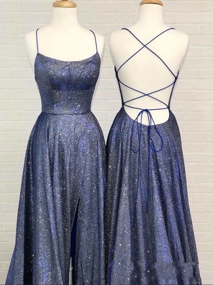 Sexy Long A-line Spaghetti Straps Backless Prom Dress with Slit