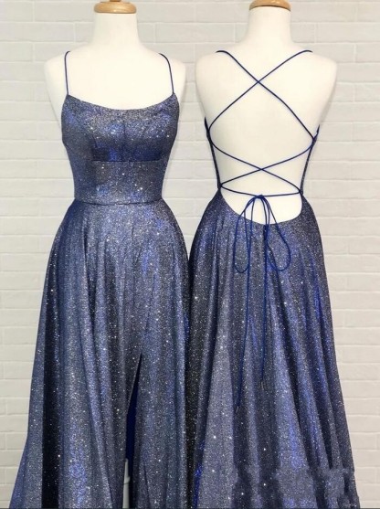 Sexy Long A-line Spaghetti Straps Backless Prom Dress with Slit