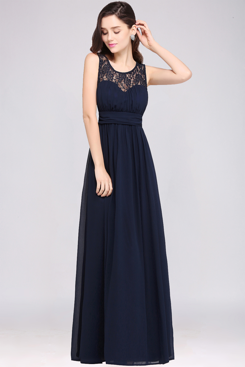 A-line Chiffon Lace Jewel Sleeveless Floor-length Bridesmaid Dress