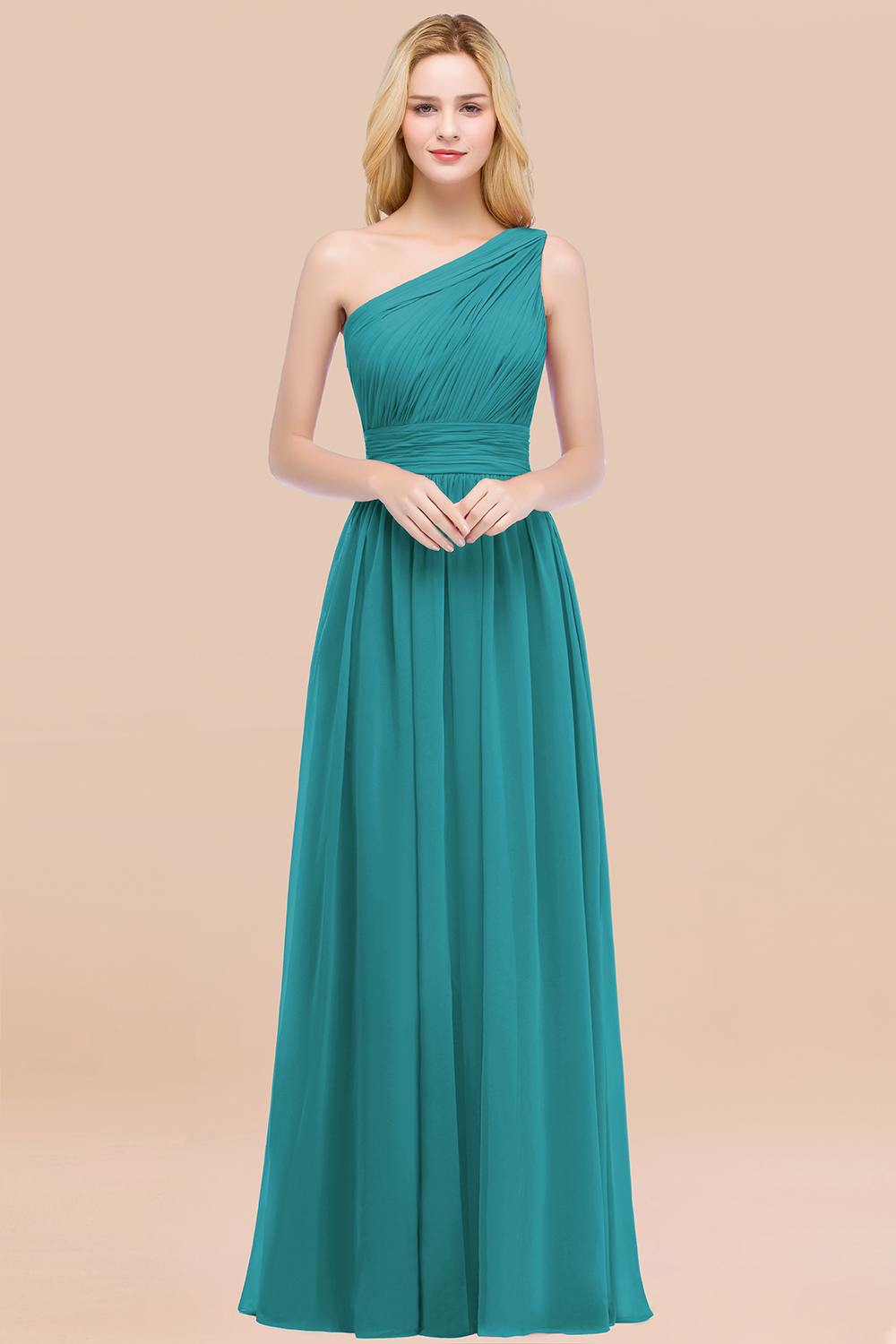 Elegant A-Line Chiffon One-Shoulder Sleeveless Ruffles Floor-Length Bridesmaid Dresses