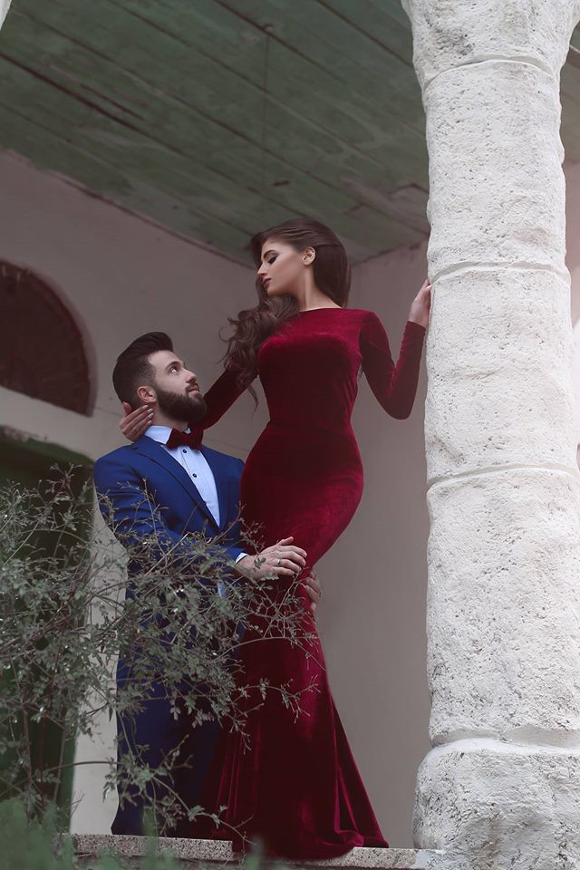 Burgundy Long Mermaid Backless Velvet Formal Evening Dress with Sleeves